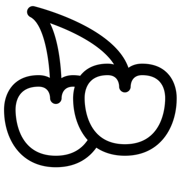 A minimalist black outline icon of two cherries with stems, centered on a solid white background.