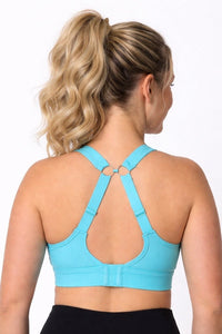 Teal sports bra with a clip up back.