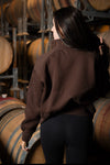 women wearing half zip relaxed cropped chocolate brown jumper 
