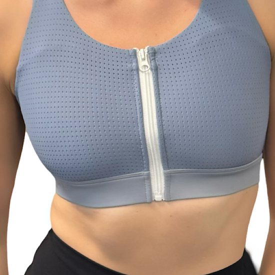 Multifunctional Zip-Front Support Bra in Mineral Blue - Perky Peche women's sports bra NZ