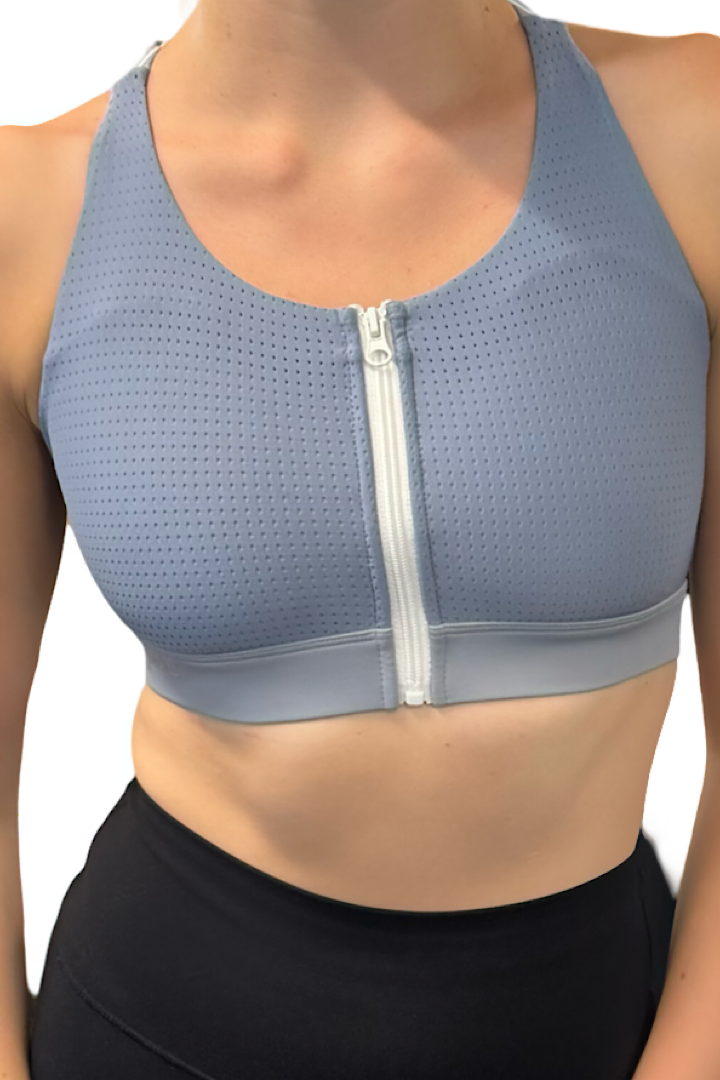 Multifunctional Zip-Front Support Bra. Soft Blue