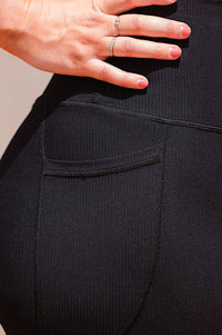 Women wearing ribbed black high waist leggings with phone pockets.
