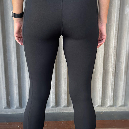 women wearing black squat proof non roll down leggings.