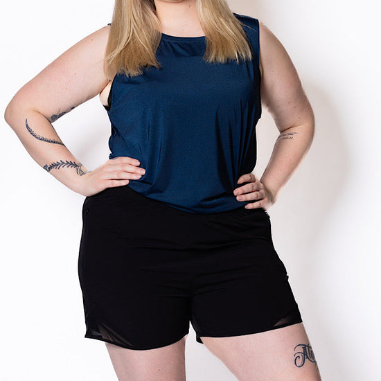 Curvy women wearing black gym shorts