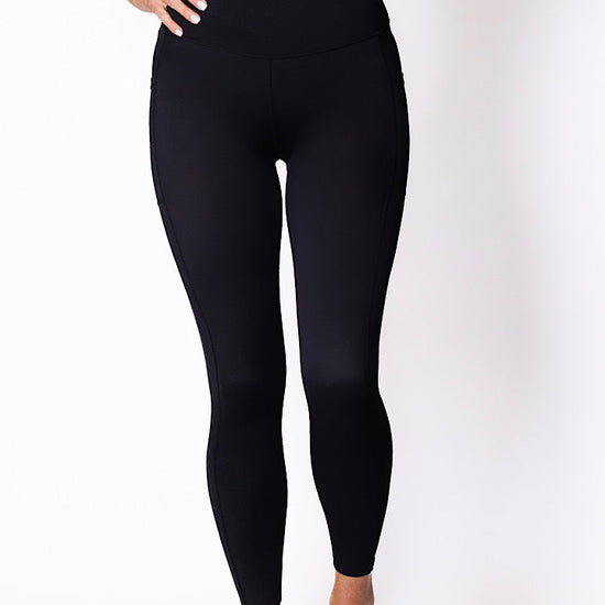 Women wearing high waist phone pocket tights with blue sports bra 