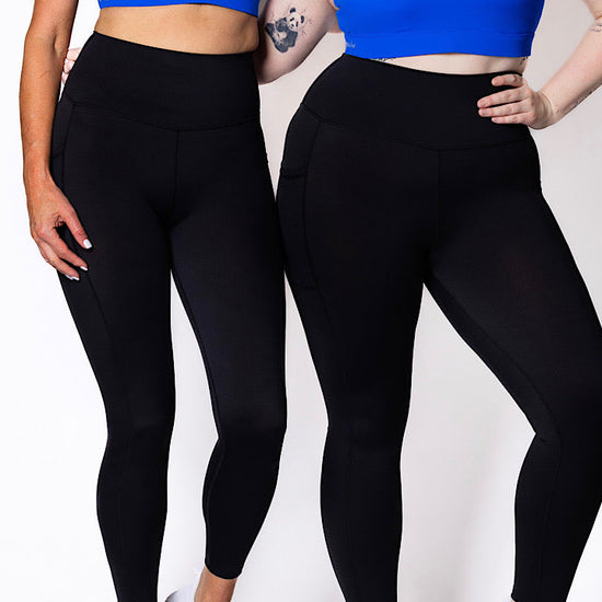 Women wearing full length phone pocket tights with blue sports bra 