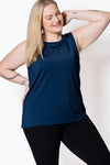 Woman wearing a blue relaxed tank