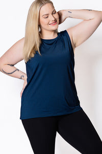 Woman wearing a blue relaxed tank
