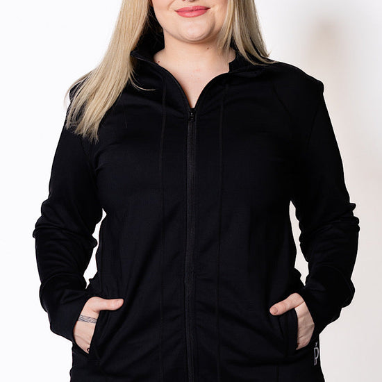 Woman wearing a black active jacket 