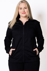 Woman wearing a black active jacket 