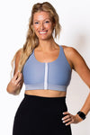Multifunctional Zip-Front Support Bra in Mineral Blue - Perky Peche women's sports bra NZ