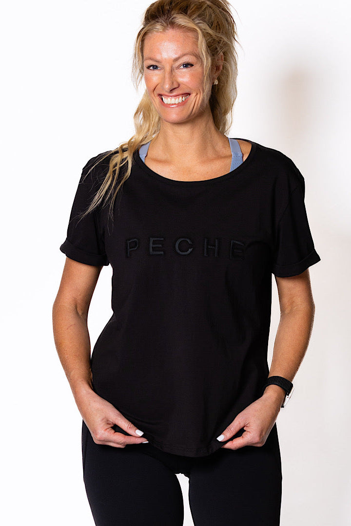 Perky Scoop Hem T-Shirt - Black with Black embroidery
