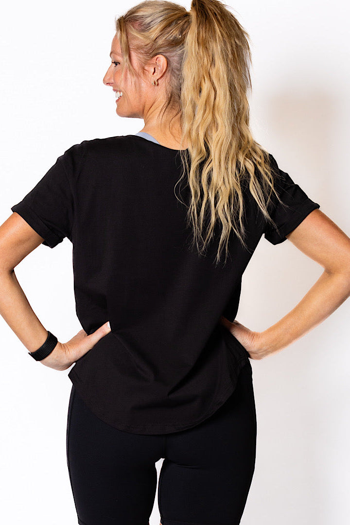 Perky Scoop Hem T-Shirt - Black with Black embroidery