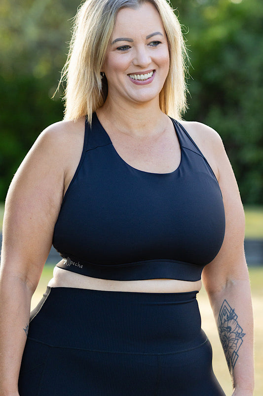 High Coverage Multi Functional Bra in Black - Perky Peche women's sports bra NZ