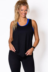 Woman wearing a black relaxed tank top