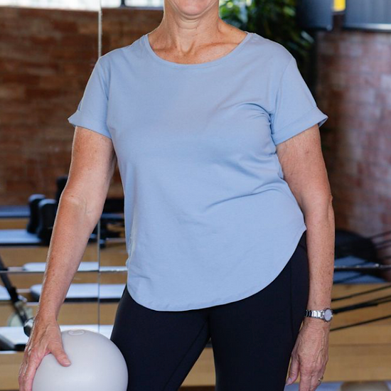 Women wearing blue t-shirt