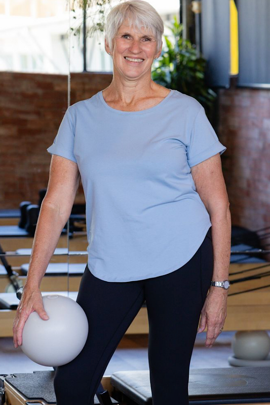 Women wearing blue t-shirt