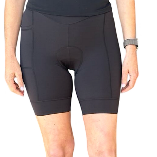 person wearing black bike shorts.