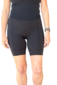 person wearing black bike shorts.