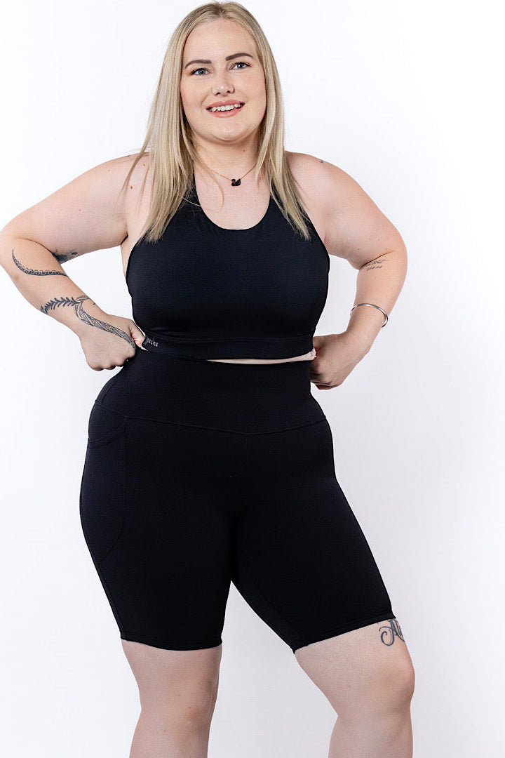 Alexis High-Waisted 8 inch Phone Pocket Short in Black - Perky Peche women's shorts NZ