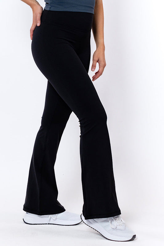 women wearing comfy black flared tights 