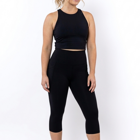 Alexis Locked In 3/4 black legging with no-roll-down waistband and phone pockets - Perky Peche NZ