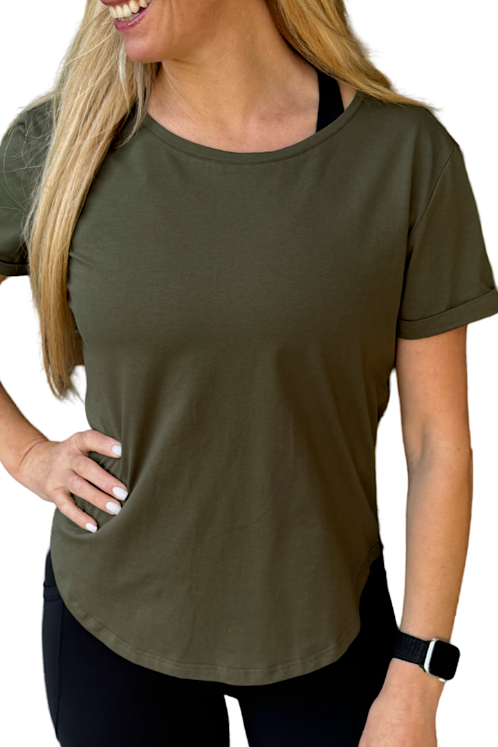 Perky Scoop Hem T-Shirt - Khaki