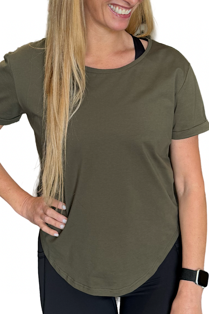 Perky Scoop Hem T-Shirt - Khaki