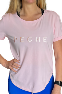 Women wearing pink wide scoop neck t-shirt