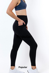 Women wearing high waisted black phone pocket tights and a navy bra