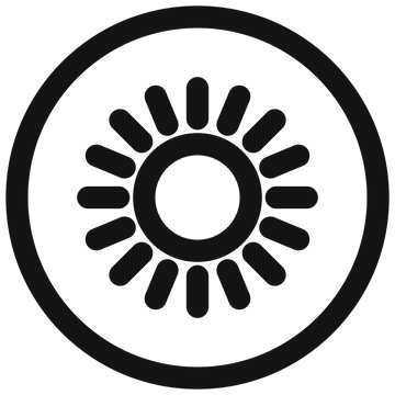A minimalist black circular sun icon with a central circle and radiating petal-like segments, shown on a plain white background.
