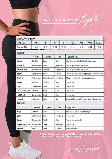 A pink and white sizing guide poster titled 'A GIRL'S GIRL GUIDE to tights' with a model wearing black tights and leggings on the left, and a detailed conversion chart in the center. The brand name 'perky peche' is visible at the bottom.