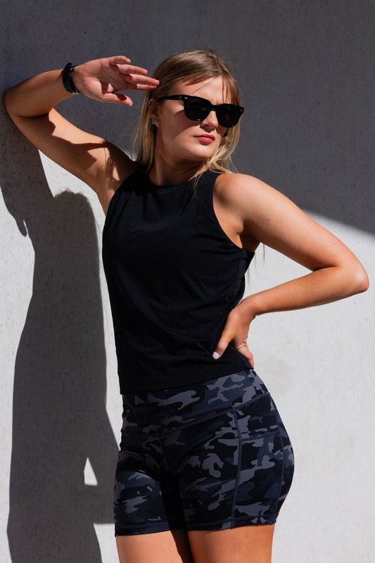 fitted black singlet with camo shorts 