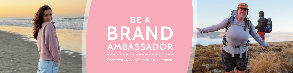 Promotional banner for a brand ambassador featuring a woman on a beach in a pink hoodie and jeans, a central pink text panel reading 'BE A BRAND AMBASSADOR', and another woman hiking outdoors on the right.