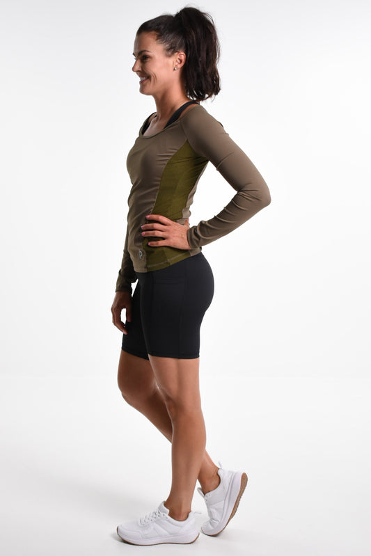 Scarlett Long Sleeve Active Top in Khaki - Perky Peche women's activewear NZ