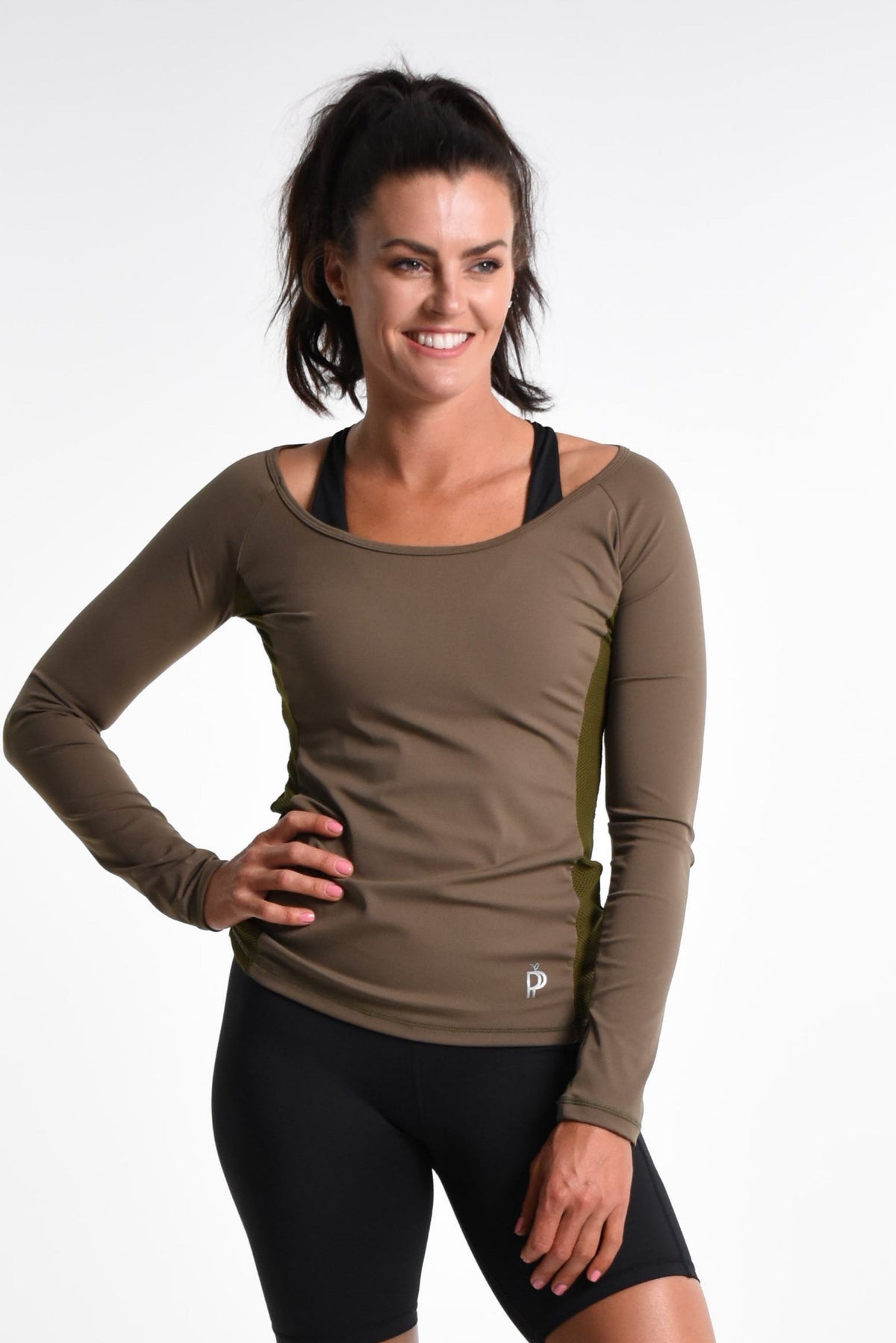Scarlett Long Sleeve Active Top in Khaki - Perky Peche women's activewear NZ