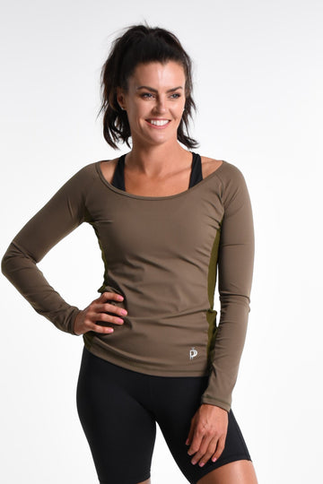 Scarlett Long Sleeve Active Top in Khaki - Perky Peche women's activewear NZ
