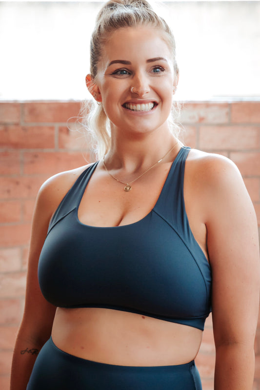 Lola Sports Bra in Navy Grey - Perky Peche women's sports bra NZ