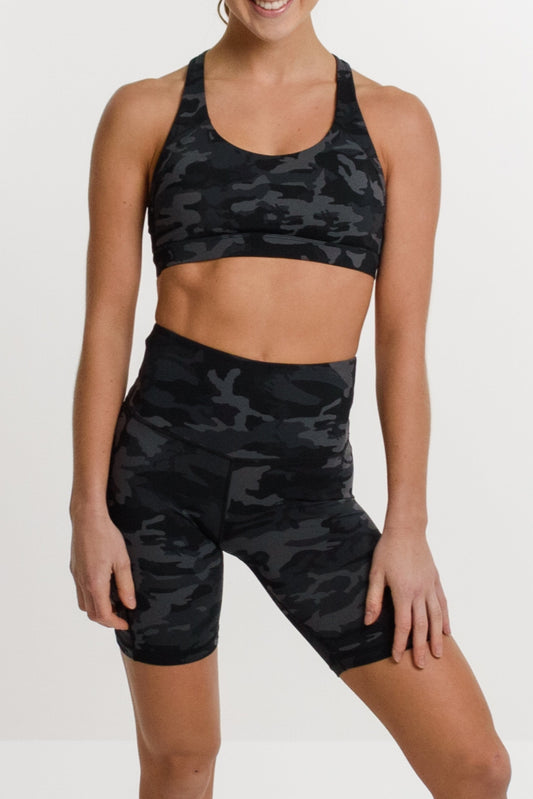 Lola Bike Short 8 inch in Black Camo - Perky Peche women's bike shorts NZ